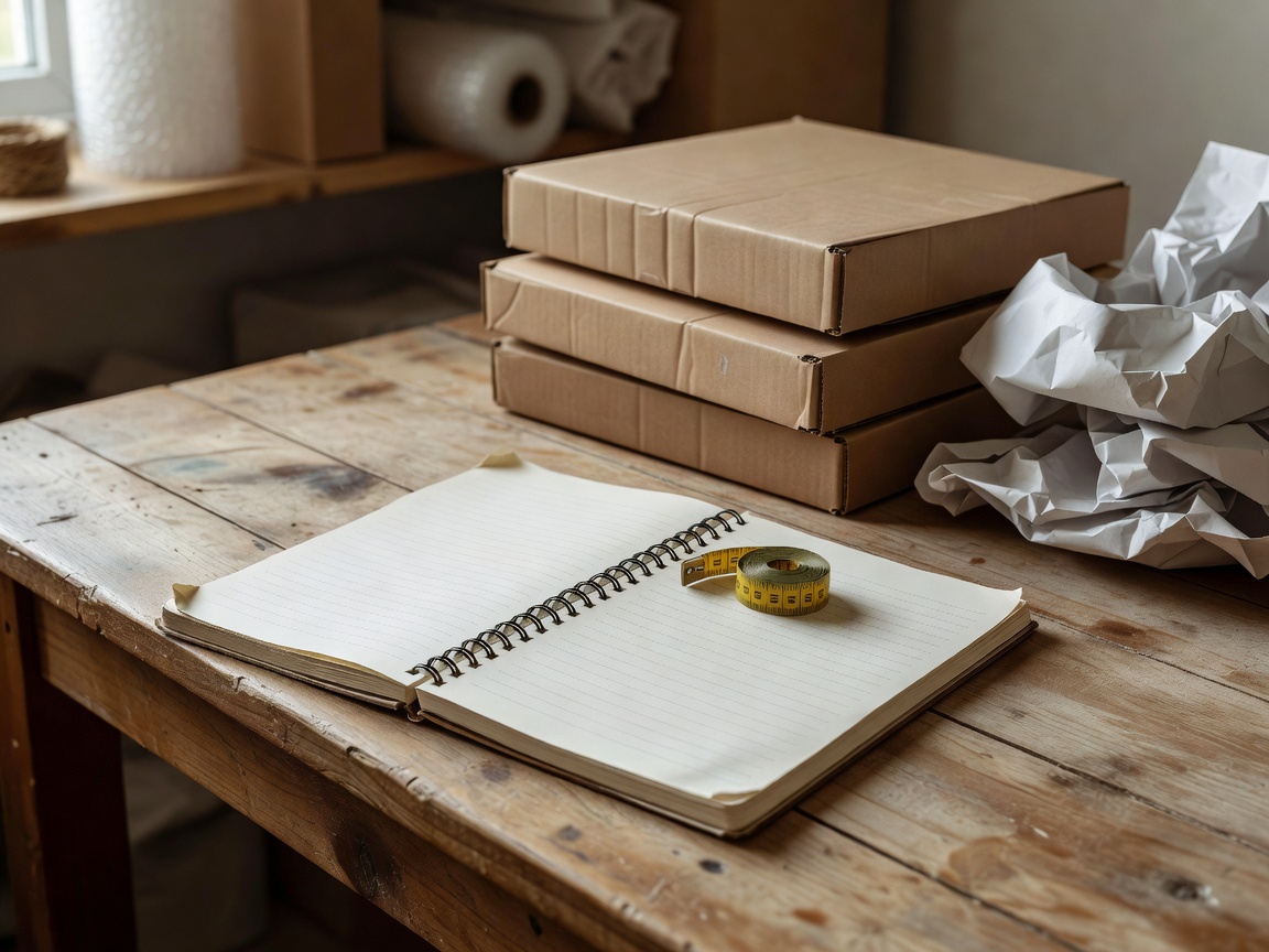 Notebook and measuring tape on a small packing bench beside folded cartons and paper