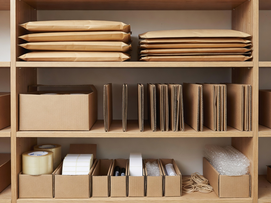 Labelled shelf sections holding packing envelopes, carton dividers and small consumables