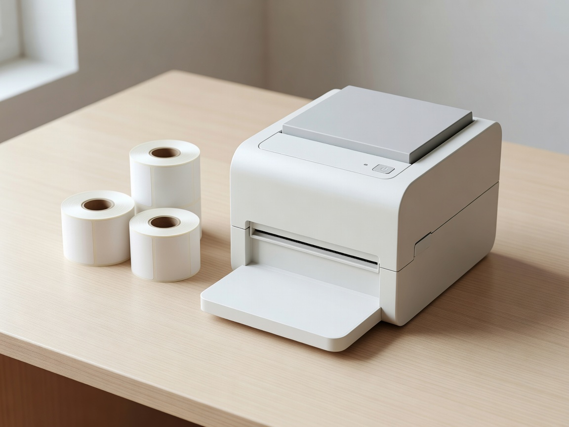 Desktop thermal label printer with spare label rolls and unobstructed space in front of the output slot