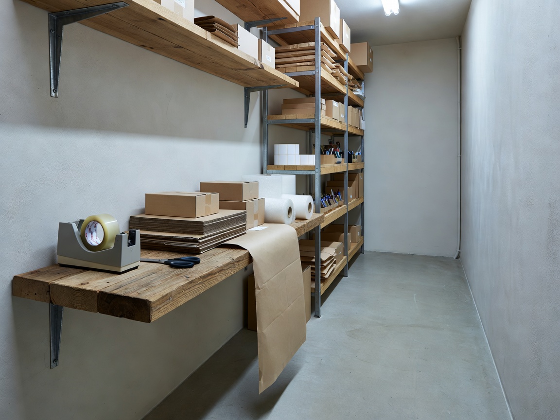 Wall-mounted packing bench in a narrow spare room with shelving beside a clear walkway