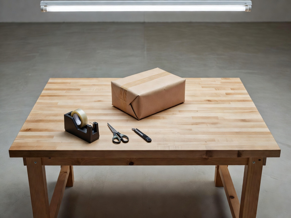 Packing bench with a parcel centred on the worktop, nearby hand tools and uncluttered floor space